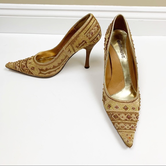 Dollhouse gold embroidered beaded pointed toe heel - Picture 1 of 10